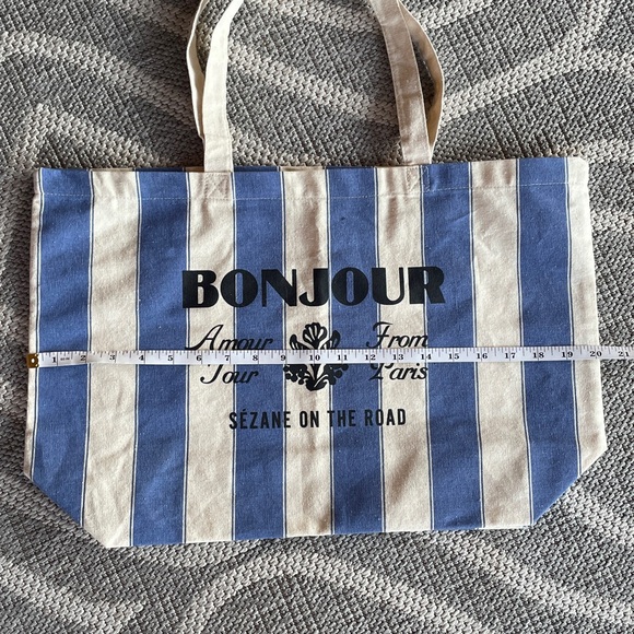 Sezane canvas bag tote shopper Bonjour white blue new - Picture 4 of 5